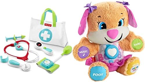Fisher-Price Medical Kit, 7-Piece Doctor Role-Play Set for Preschool Pretend Play Ages 3 Years and Up & Plush Dog Baby Toy with Lights Music and Smart Stages Learning Content, Laugh & Learn Sis