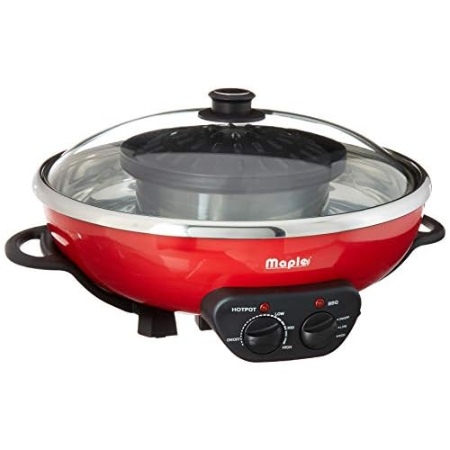 Maple Enjoy Suki Electric Hot Pot Shabu with Korean BBQ Grill – 2 in 1 – Separate Temperature Control – Enjoy Thai Korean Chinese Vietnamese Hot Pot and non stick grill