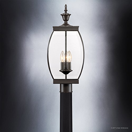 Urban Ambiance Luxury Colonial Outdoor Post Light, Large Size: 22" H X 9" W, With Transitional Style Elements, Bowed Design, Gorgeous Dark Medieval Bronze Finish And Beveled Glass, Uql1174 #TOP3