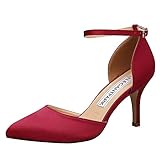ElegantPark HC1811 Burgundy Heels for Women Ankle Strap High Heel Pumps Pointed Toe Shoes Satin Bridal Wedding Evening Party Prom Dress Shoes US 8