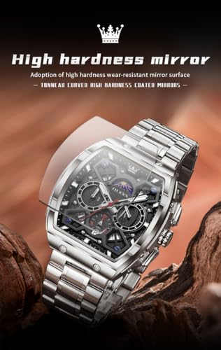 Image of OLEVS Men Watches Business Dress Chronograph Big Square Quartz Analog Male Watch Silicone Strap Waterproof Date Gift Mens Wrsit Watch Silver