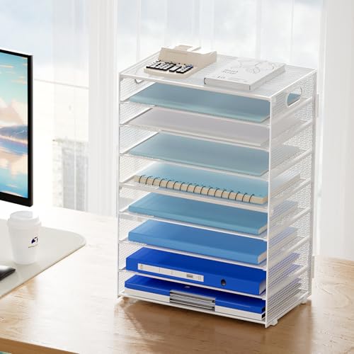 Image of Marbrasse Paper Organizer Letter Tray, 9 Tier Mesh File Organizer with Handle, Paper Sorter Desk Organizer for Home Office Supplies - White