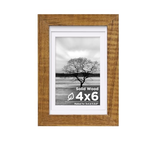 Egofine 4x6 Picture Frames Made of Solid Wood with Plexiglass, Display Pictures 3x4.5 and 3.5x5 with Mat or 4x6 Without Mat for Tabletop and Wall Mounting, Teak Wood