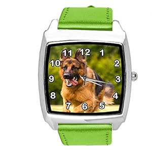 TAPORT® Quartz Watch Green Leather Band Square with German Shepherd