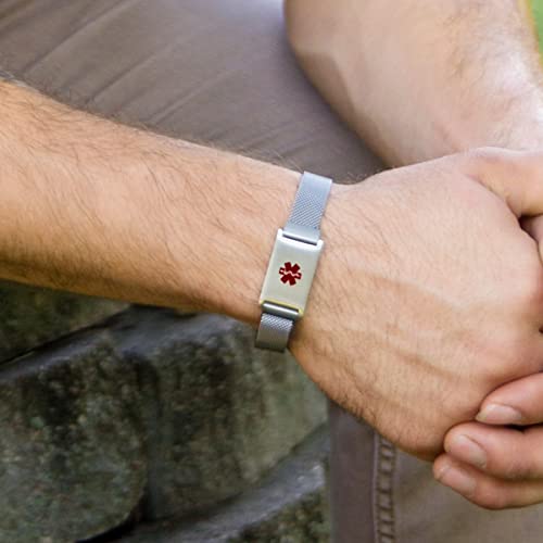 Medical Alert Bracelets For Women And Men, Fully Size Adjustable, Brushed Sandstone And Silver Custom Engraved Id Plate, Easy On And Off Magnetic Closure, Free Engraving, 1 Year Free Warranty, Lauren's Hope Medical Id (Silver) #TOP5