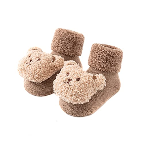Baby Thickened Plush Floor Anti-Slip Socks - Toddler Warm Cotton Soft Winter Newborn Slippers Bear - Coffee