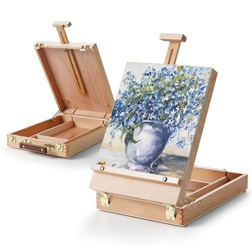 Azonee 1 Pcs Adjustable Beechwood Tabletop Easel with Storage Box, Portable Wooden Sketch Easel for Drawing, Artist Easel for Painting and Display (35.5X27X7.8CM)