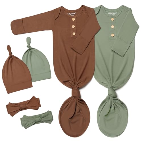 Image of Baby Noah Newborn Knotted Gown Set with Hat and Headband, Soft Tie Bottom Newborn Sleepers for Baby Girl Boy (2 Packs)