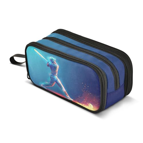 Image of Pencil Case Big Capacity Baseball Sport Handheld 3 Compartments Pencil Pouch Portable Large Storage Canvas Pencil Bag for Boys Girls Adults Students