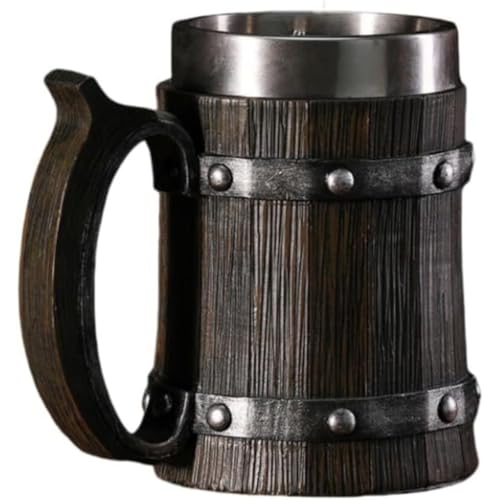 ビールジョッキ マグカップ レトロ風 木製スタイルのビールジョッキ 600ml 、手作りビールマグ 酒器 バー 家庭用 大容量304ステンレスマグカップ個性的樹脂 クリスマスギフト パーティーデコレーション 紅茶 飲料 カップ 酒器 (I)