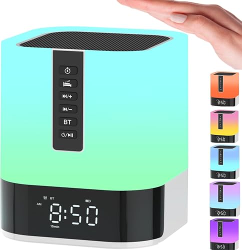 Altifalante Bluetooth recarregável com luz, relógio despertador com máquina de som e temporizador, candeeiro de mesa LED sem fio, tátil, intensidade variável, 48 cores RGB, presentes para
