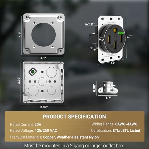 Image of Nema 14-50 EV Outlet (Surface Mount Kit) Weather Resistant 50 Amp EV Charging Receptacle Heavy Duty,2.42 inch Diameter, U-Shaped Brass Clamp -Industrial Grade, 3-Pole 4-Wire Grounding, ETL Listed
