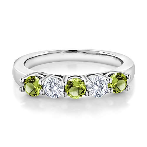 Gem Stone King 925 Sterling Silver Green Peridot and White Moissanite 5-Stone Wedding Anniversary Band Ring For Women (0.94 Cttw, Gemstone August Birthstone, Available In Size 5, 6, 7, 8, 9)2