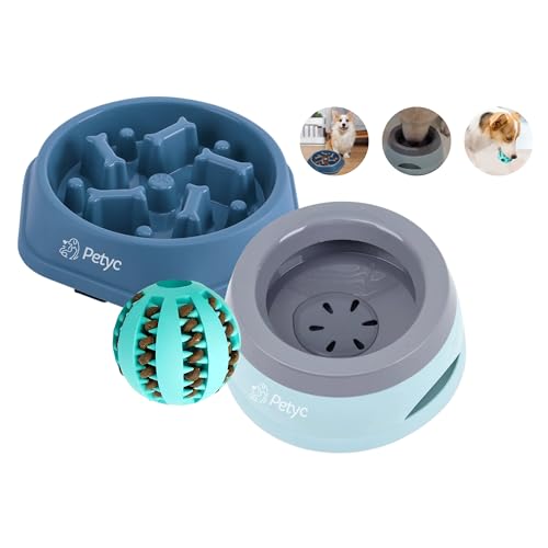 Kit Pet PETYC Comedouro Lento + Bebedouro Pelo Sequinho + Bolinha Interativa Porta Petiscos (Azul)