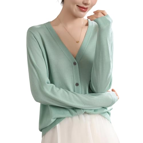 Image of Women's 100% Merino Wool Lightweight V-Neck Cardigan Sweater Button Down Long Sleeve Knitwear Outwear Tops