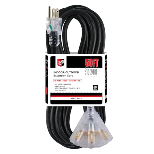 EP 50 Ft Lighted Outdoor Extension Cord with 3 Electrical Power Outlets - 12/3 SJTW Heavy Duty Black...