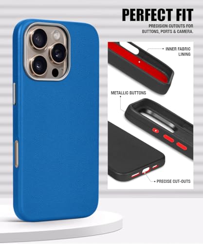 Image of WOW IMAGINE Back Cover for iPhone 16 Pro Max | Shockproof Tough Leather Texture Hard Mobile Case | Ultra Slim Non-Slip Grip | Inner Velvet Fabric | Metal Camera Ring - Blue