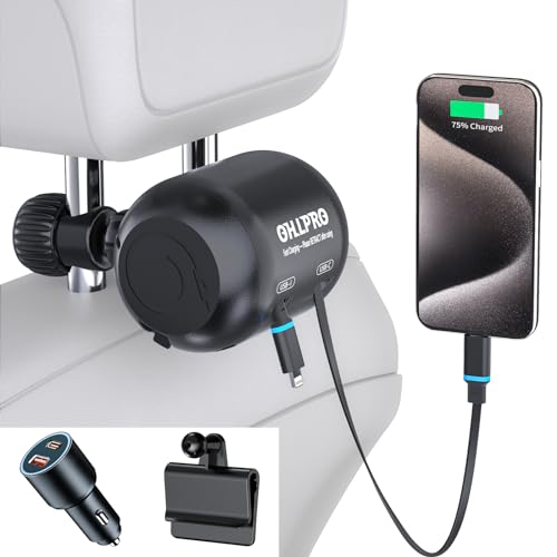 OHLPRO Multi Car Retractable 2 in 1 Backseat Car Charging Station Box with QC 3.0 Adapter, 50W Type-C/Lightning Car Charger for All Cars(Including Tesla) Chargers for Lyft Uber Driver and Passengers