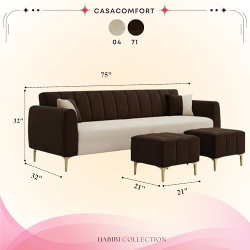 Image of Habibi 5 Seater L Shape Sofa Set with 2 Movable Ottomans | Flexible Layout | Rich Velvet Suede Fabric | Silver Legs | Dual Tone Modern Sofa for Living Room (Dark Brown-Cream)