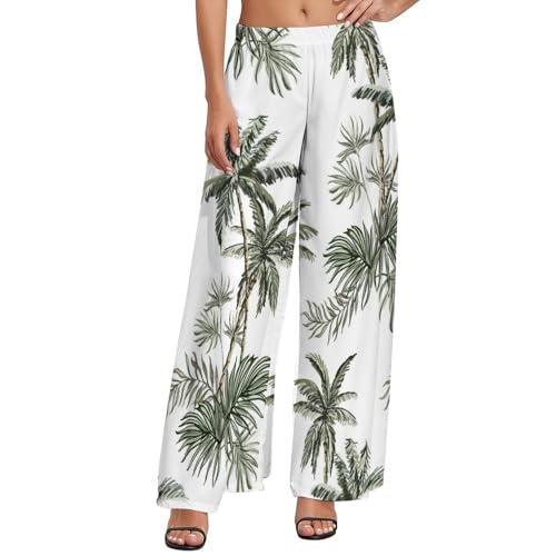 Womens Elastic High Waisted Tropical Vintage Palm Trees Palazzo Pants Casual Wide Leg Lounge Pant for Women