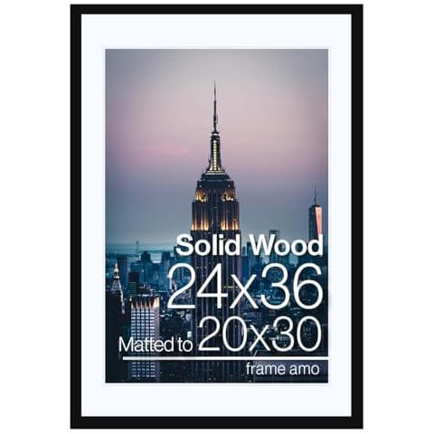 Frame Amo 24x36 Black Solid Wood Picture Frame with 19.5x29.5 White Mat Opening for 20x30 Image, 1 Inch Border, Acrylic Face Cover