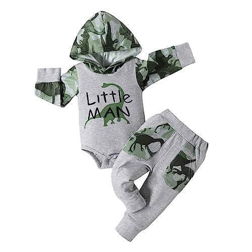 Image of Newborn Infant Baby Boy Clothes Outfits 0-3 Months Dinosaur Print Long Sleeve Hooded Romper Long Pants Fall Winter Cute Sets