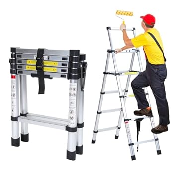 Sonnewelt Scala telescopica pieghevole, a 4+5 pioli, con telaio ad A, in alluminio, da 1,4 m+1,7 m, per riparazioni di tetti