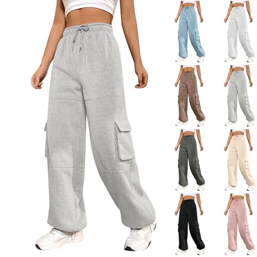 Baggy Cargo Sweatpants for Women Fleece Lined Jogger Pants Soft Wide Leg Joggers with Pockets Cinch Bottom Straight Leg Sweat Pants Teen Girls 2023 High Waisted Blue Sweatpants Drawstring Trousers