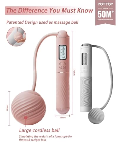 YOTTOY Cordless Jump Rope with Counter - Ropeless Jump Rope 2 In 1 with Large Cordless Ball-Weighted for Women with LCD Display (Pink)