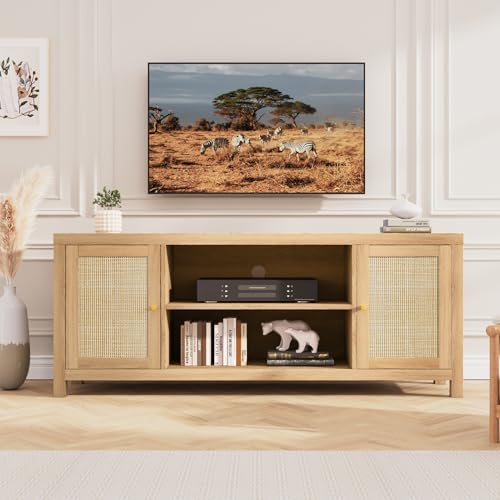 Rattan 65-Inch TV Stand - Boho Media Console with Storage Shelves for Living Room and Bedroom