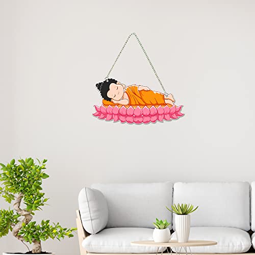 Image of Artvibes Little Monk Buddha Sleeping Peacefully Wooden Wall Hanging for Serene Vibes | Spiritual Decor Items | Wall Art Painting For Hall | Wall Paintings | Handcrafted Art | Gift Items (WH 5507N)