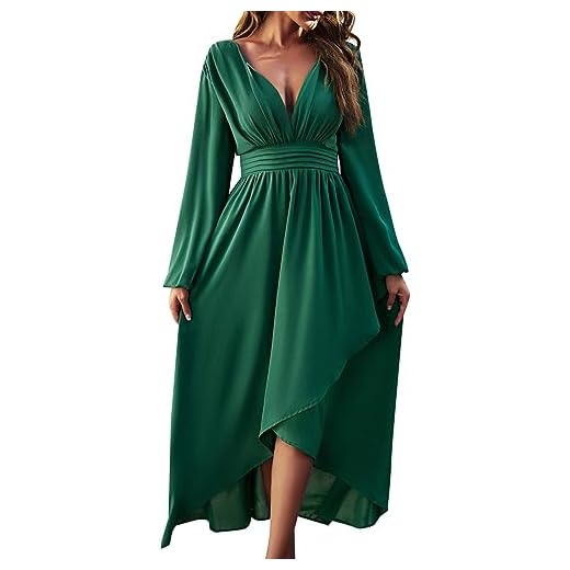 UIFLQXX Vestido longo plus size para mulheres, manga comprida, cor sólida, coquetel, decote em V, cintura alta, evasê, vestido, Verde, G