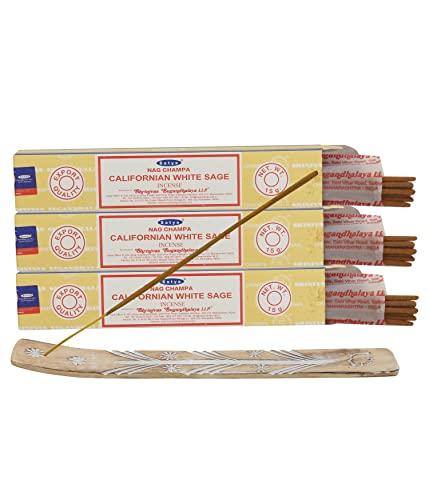 Satya White Sage Incense Sticks, Satya Sai Baba Insenses 15Gmx3 (45 Gm) Pack With Raajsee Incense Holder Bundle, Satya Nag Champa Natural Incense #TOP3