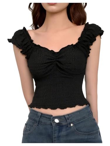 SweatyRocks Girl's Off The Shoulder Tops Ruched Cap Sleeve Textured Summer T Shirt