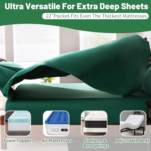 Image of Extra Deep Pocket Queen Sheets 18-24 Inch 100% Egyptian Cotton 1000 Thread Count Sateen Weave Soft Breathable 4 Pieces(Queen,Dark Green)