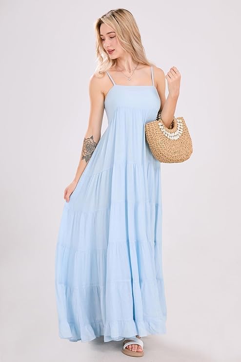 utcoco Women's Spaghetti Straps Maxi Dresses Back Smocked Sleeveless Tiered Swing Flowy Boho Long Sundress - Image 5