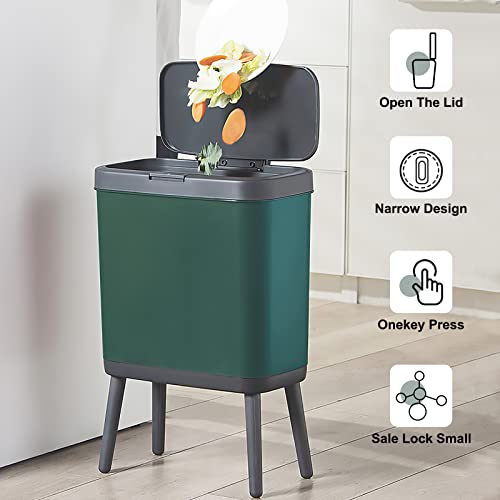 Trash Can With Lid,4 Gallon Plastic Garbage Can With Push Button,Slim Dog Proof Trash Can For Bathroom,Tall Kitchen Trash Bin, Modern Waste Basket For Bathroom,Living Room,Toilet,Campers,Office(Green) #TOP3