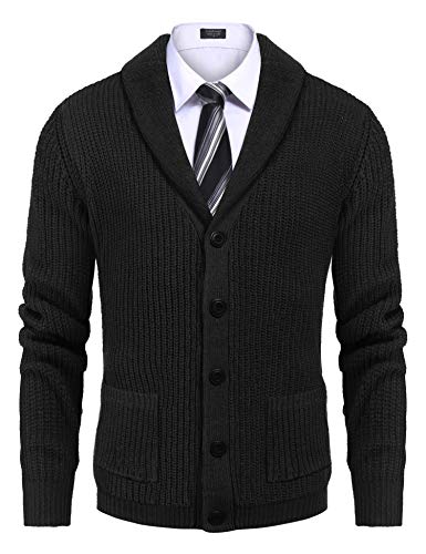 COOFANDY Men's Shawl Collar Cardigan Sweater Slim Fit Cable Knit Button up Sweater with Pockets2
