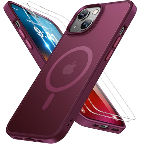 Image of Miracase Magnetic for iPhone 15 Case (Compatible with MagSafe)(with 2X Screen Protectors) Military-Grade Protection, Anti-Fingerprint Translucent Matte Phone Cover for iPhone 15 6.1 inch, Wine Red