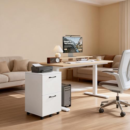Image of Simple Deluxe 2 Drawer Filing Cabinet, Wood Rolling Filing Cabinets with Printer Stand, Under Desk Storage Lockable Wheels, Home Office Organizer for A4 Letter Legal Size Documents,White
