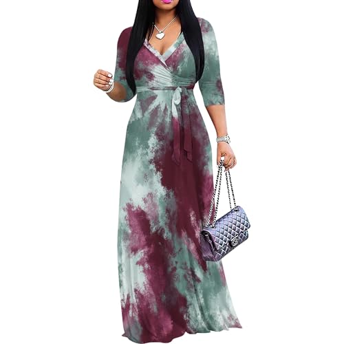 Image of PinkPatty Women's Print Maxi Dresses 3 /4 Sleeve Flowy Long Dress V Neck Wrap Tie Waist Sundress