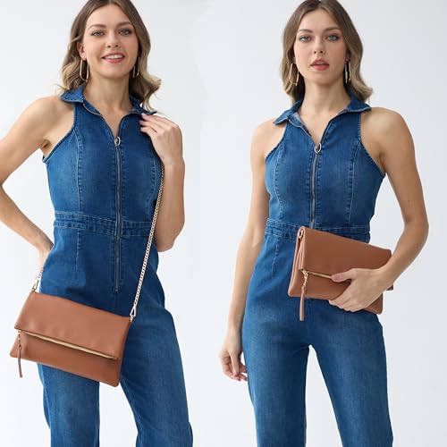 Women's Zipper Foldover Clutch Vegan Leather Envelope Cross body Bag with Chain Strap - Image 8