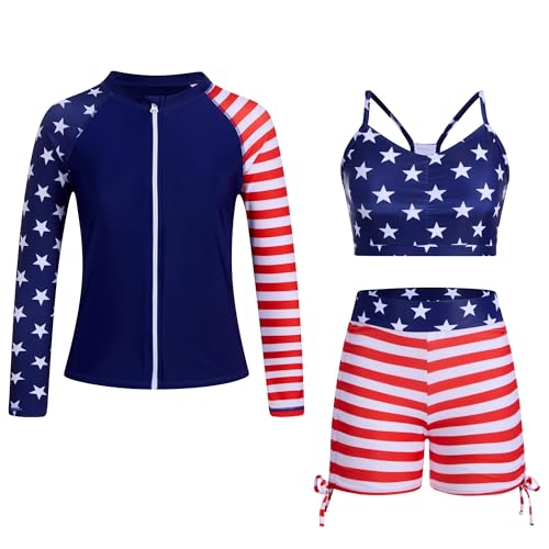 Image of Funnycokid Girls Swimsuit 3 Pieces Long Sleeve Rash Guard Zip Bathing Suits Teens Boyshort 3-14 Years
