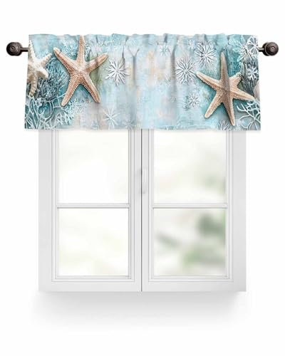 EwdeWwo Nautical Coastal Valance for Windows, Beach Sea Starfish Ocean Theme Rod Pocket Curtain Valances for Living Room Bathroom Underwater World Window Treatment Valances 54" W x 18" L, 1 Panel