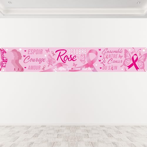 Augshy Grande Bannière Octobre Rose Décoration Extérieure Sensibilisation Cancer du Sein Bannière Personnalisée pour Vitrine Façade Événement Caritatif et Solidarité(3 m x 0,5 m)