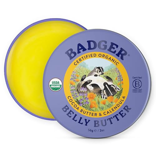 Image of Badger Belly Butter, Organic Stretch Mark Cream for Pregnant Belly, Rich Hypoallergenic Moisturizing Organic Cocoa Butter & Coconut Body Butter for Women, 2 oz Tin