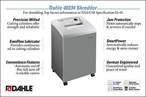 Dahle 40334 High Security Paper Shredder W/Automatic Oiler, Smartpower, Nsa/Css 02-01, Security Level P-7, 5 Sheet Max, 1-3 Users #TOP4