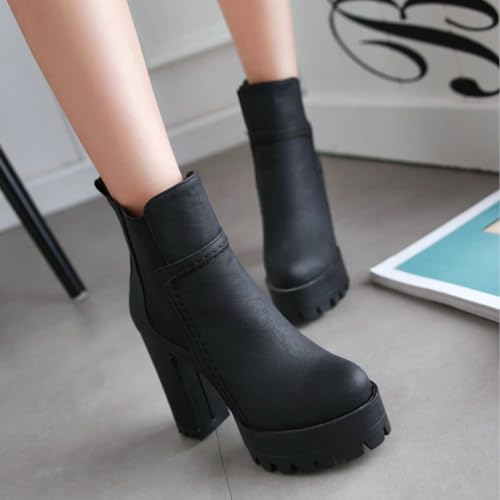 Women's Round Toe Ankle Boots Chunky High Heel Chelsea Style Platform Slip-On Winter Slouch Leather Wide Calf Stretchy Biker Shoes4