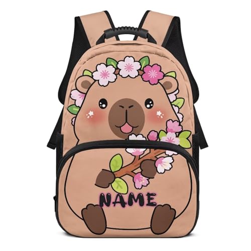 Floral Capybara Personalized Backpack for Girls Backpacks Ages 8-10 Cute Bookbags Aesthetic Custom Initial Name School Bag with Front Pockets for Elementary School Travel Daypack
