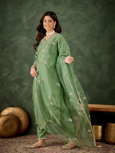 Image of VredeVogel Women's Ethnic Wear Embroidered Silk Blend Kurta Pant Set with Organza Dupatta | Festive & Casual Summer Kurti with Pants for Party Office & Ethnic Occasions